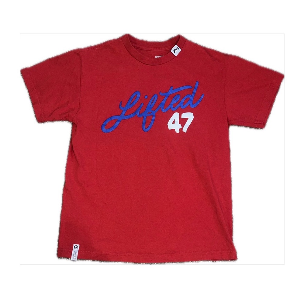 LRG Red Tee with Blue 'Lifted 47' Script